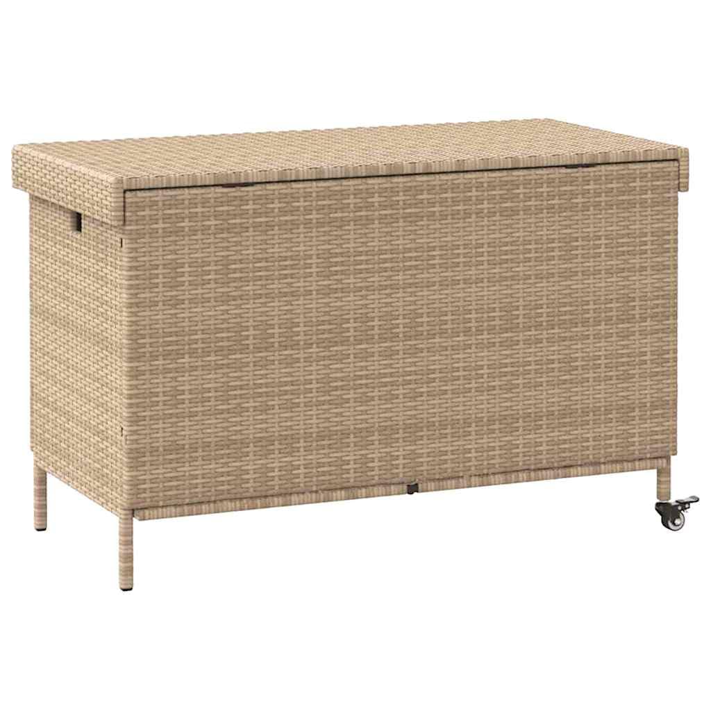 Skrzynia ogrodowa na kółkach, beżowa, 110 x 55 x 73 cm, polirattan, wodoodporna, do przechowywania, skrzynia ogrodowa, na taras, balkon