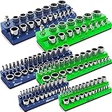 Olsa Tools Magnetic Socket Organizer | 6 Piece Socket Holder Set | 1/2-inch, 3/8-inch, & 1/4-inch Drive | Metric Blue, SAE Green | Holds 143 Sockets | Professional Quality Tool Organizers