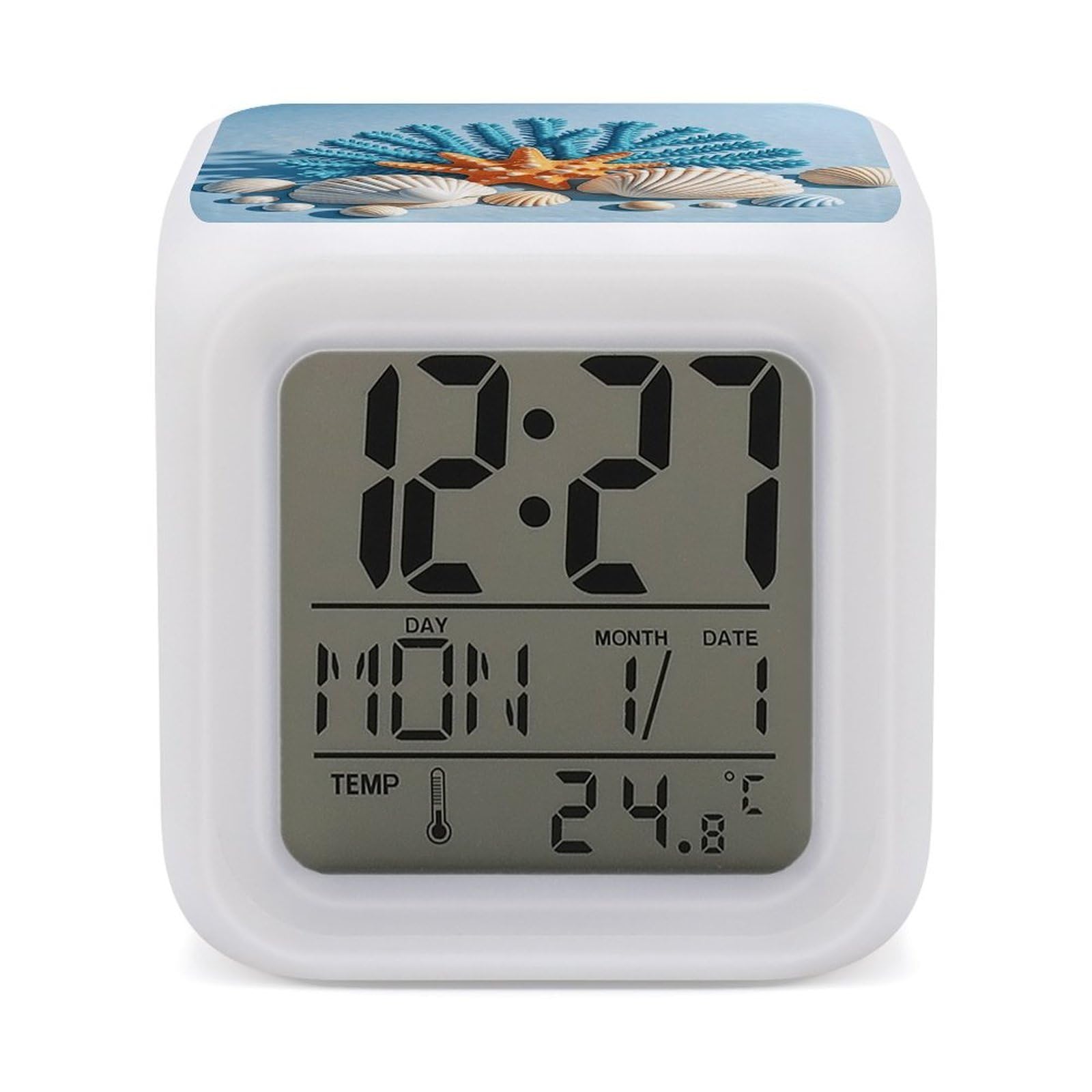 7 Color Ambient Night Light Cube Battery Operated Ocean Seashells Digital Clock with Snooze Temperature LED Digital Alarm Clocks Dimmable Wake Up Light Portable Mood Lamp for Bedroom Desk Gift