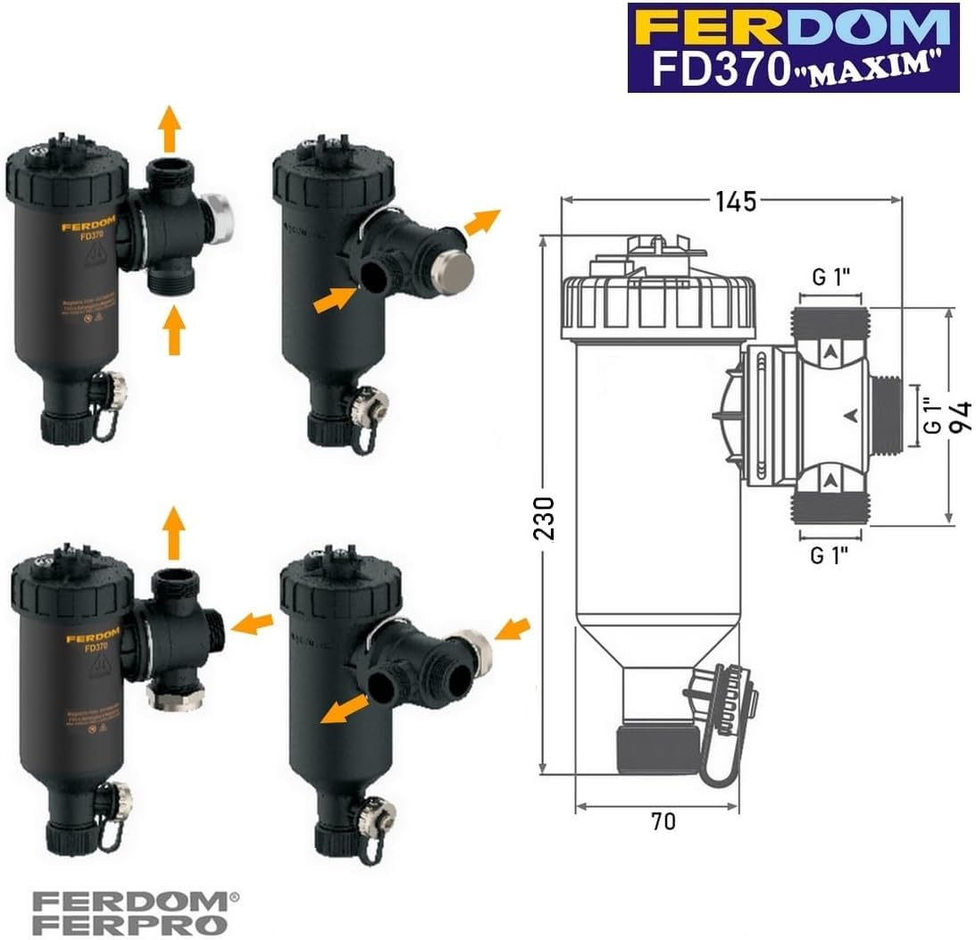 FERDOM FD372 MAXIM 1" (DN25) Filtro Magnético/Hidrociclón 11000Gs Para Sistemas de Calefacción. Separador de Partículas No Magnético-Acero Inoxidable 1000µm. Max.50kW. 3 Conexiones/360°+2 Válvulas 1"