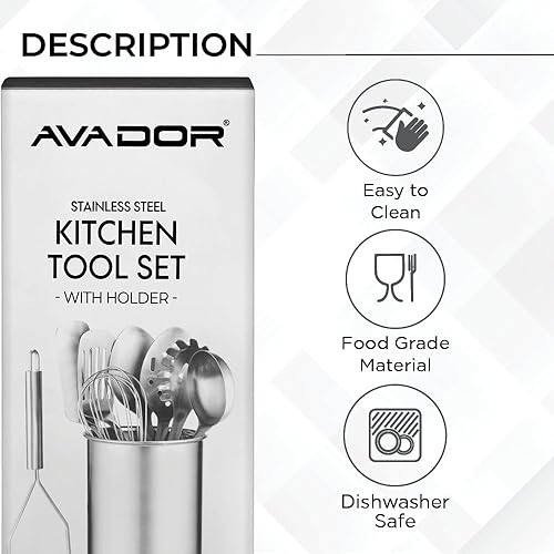 Miniatura 3 de Avador Juego de 10 herramientas de cocina de acero inoxidable con soporte fácil de limpiar, ahorro de espacio, ideal para cocinar, hornear, preparar