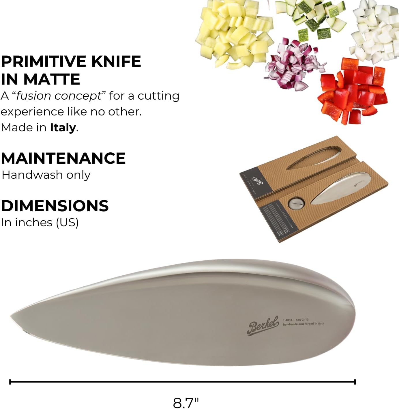 Berkel Primitive Knife | Matte Finish | 8.7" Stainless Steel Knife | Fusion Concept for Ease of Handling | Made in Italy