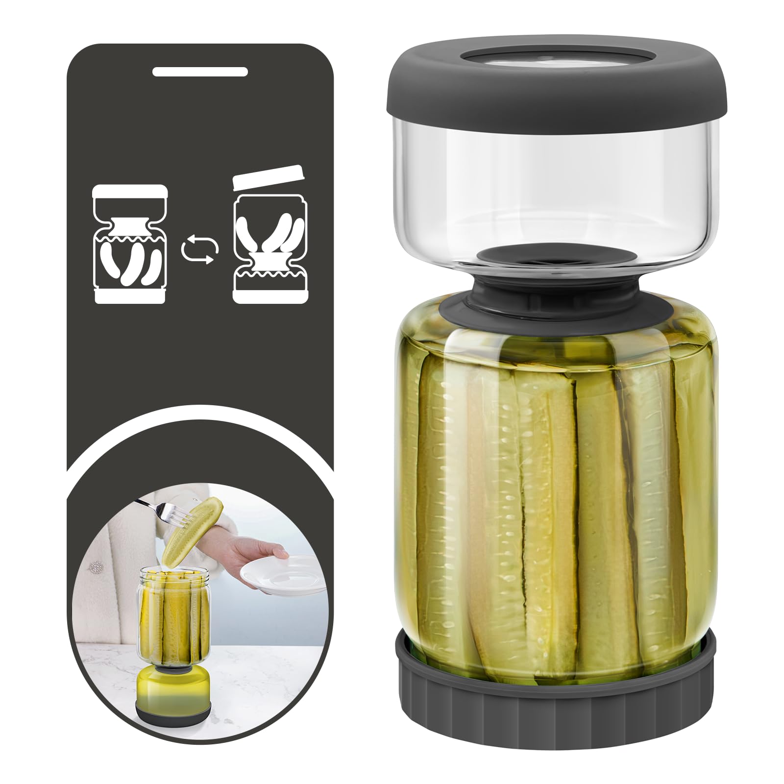 WhiteRhino Glass Pickle Jar with Strainer Flip,46oz longer Pickle Container,Hourglass Pickle Juice Separator Jar for Olives,Gherkins,Long cucumber or Sliced,Leakproof Dishwasher Safe