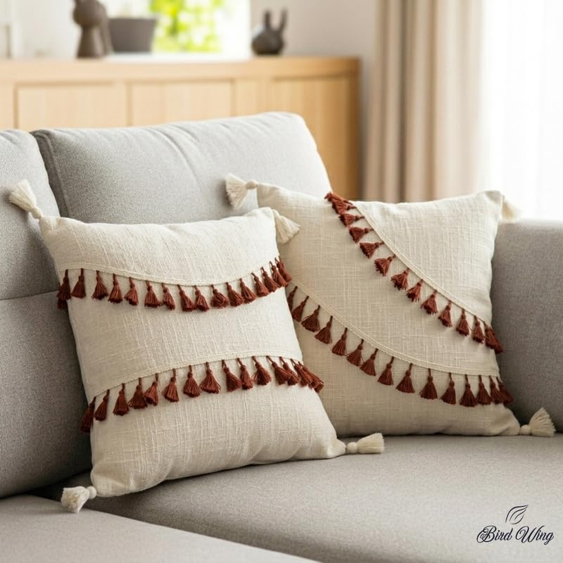 Bird Wing | Boho Throw Pillow Covers Set of 2 Decorative Lumbar Pillows Beige Textured Brown Tassels Cushion Cover for Sofa Couch Bed, 12x12-image-1