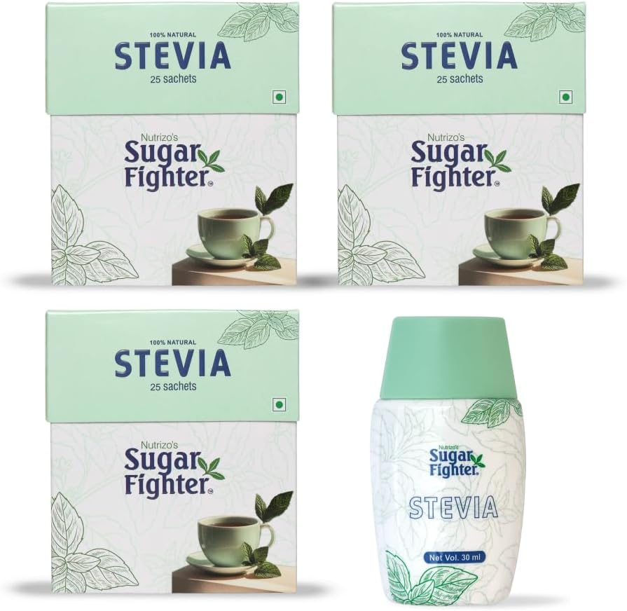 Sugar FighterStevia Sachets Box - Zero Calories & Fat Free Sweetener - Natural Stevia - Sugar-Free Combo - 25 Sachets (Pack of 3)