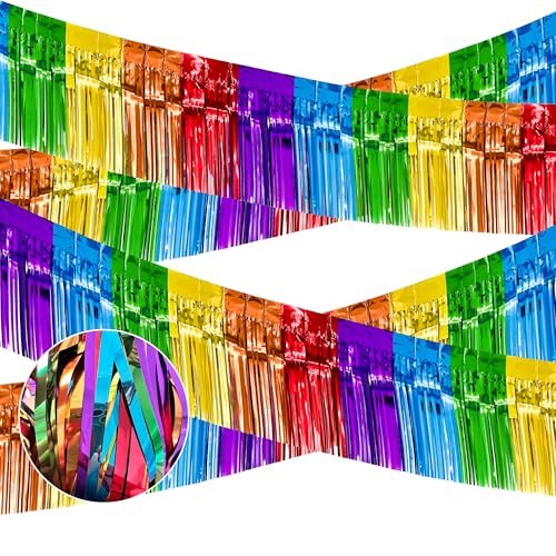 Image of 4 Packs Total 39 Ft Rainbow Parade Floats for Trailer Car, Colorful Foil Fringe Garland Tinsel Streamers Hanging Banner Table Skirts for Graduation Homecoming Holiday Birthday Pride Party Decor