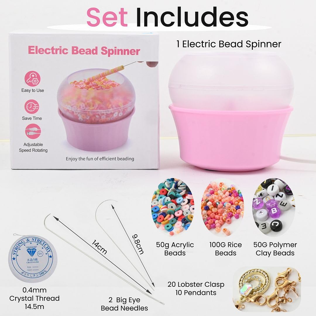Electric Bead Spinner Kit with 2 Big Eye Beading Needles & Accessories - Clay Bead Spinner for Jewelry Making Necklace Bracelet Maker Machine Waist Beads Friendship Cute Trendy Birthday Gifts - Pink