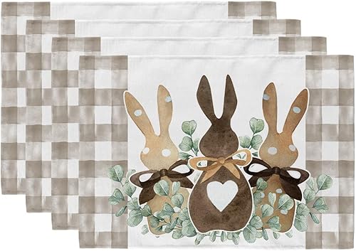 GEEORY Juego de 4 manteles individuales de Pascua beige con diseño de conejito de 12 x 18 pulgadas, juego de 4 manteles individuales de eucalipto