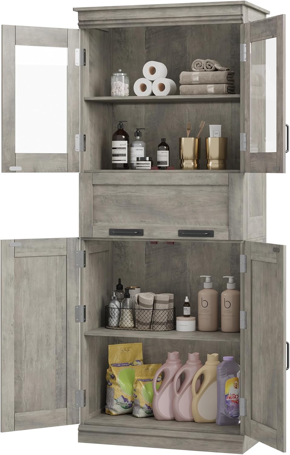 Garvee Mueble De Baño con 4 Puertas 170cm, Cajón De Cristal Abatible y Estantes Ajustables. Organizador Independiente para Cocina y Sala De Estar - Gris