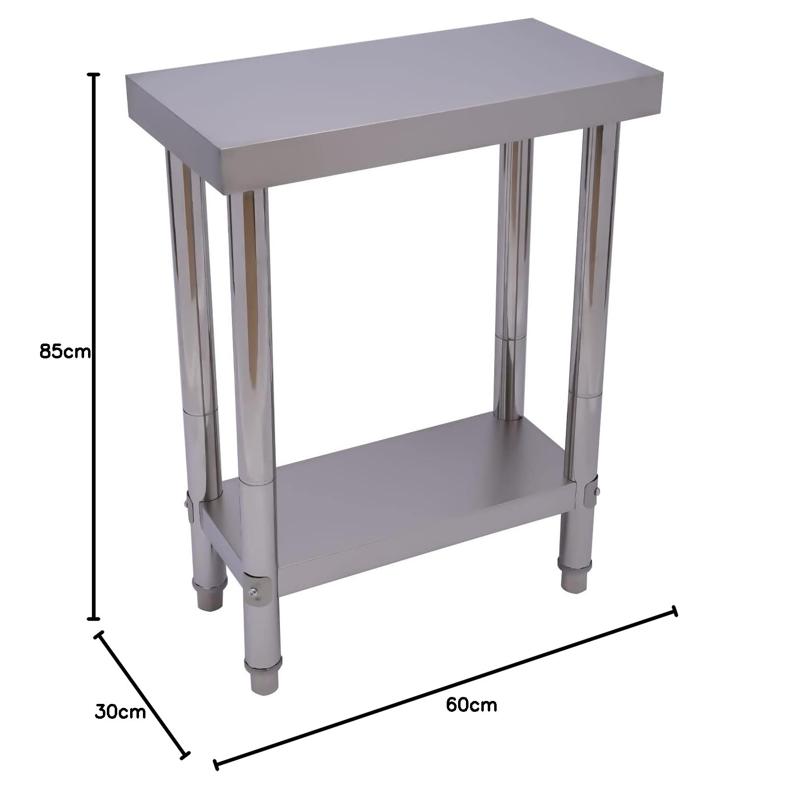 Tavolo da lavoro in acciaio inox, 2 ripiani, tavolo da lavoro da cucina per gastronomia, con coprigambe antiscivolo, 60 x 30 x 85 cm, per casa o commerciale, portata fino a 300 kg
