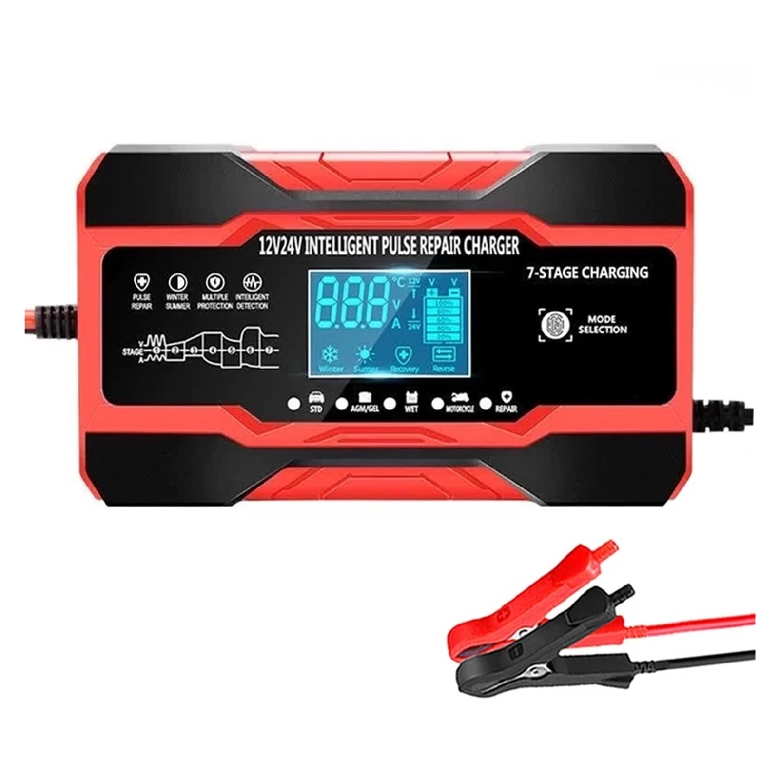 Ładowarka Samochodowa 12V 12A 10A 240W 180W W Pełni Automatyczne Akumulatory Samochodowe 7-stopniowa Naprawa Impulsu Ładowania Dla AGM GEL MOKRY Kwas Ołowiowy(12 to 24V 10A Red)