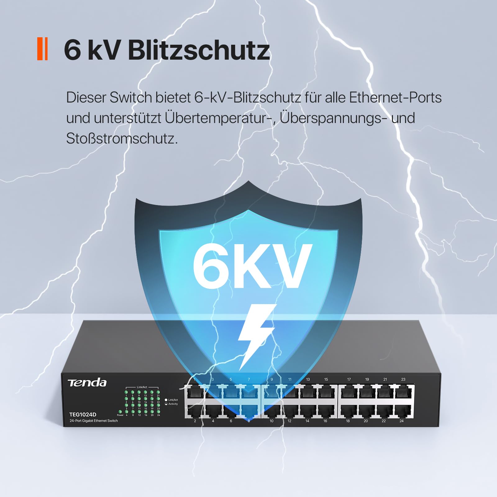 Tenda Gigabit Switch 24 Port Netzwerk Switch 19 Zoll Rackeinbau LAN Switch (Plug-and-Play Ethernet Switch, Lüfterlos, Unmanaged, Rack- / Wandmontage, Metallgehäuse, Schwarz) (TEG1024D)