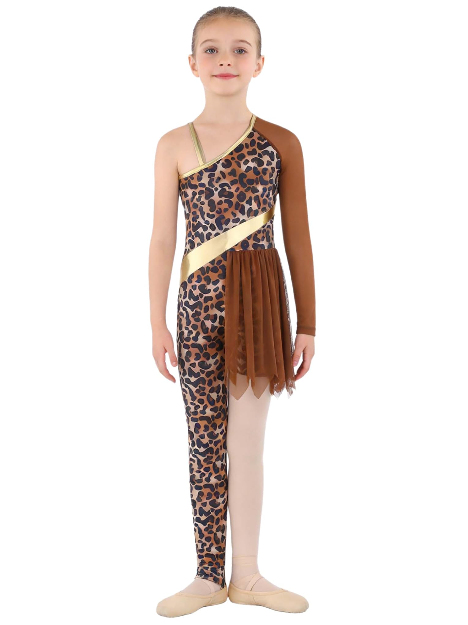Hansber Kids Girls Cave Costumes Gymnastics Dance Outfit Leopard Print Bodysuit Jumpsuit for Stage Performance Brown 11-12 Years