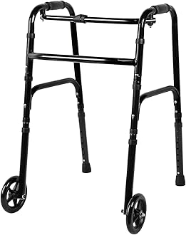 Black Stepped Handrail Walker for Seniors - 6" Removable Bearing Wheels, 7-Level Height Adjustable (31"-38"), Stand Assist Walker with Storage Bag, Fixed & Flexible Modes,Aluminum Folding Walkers