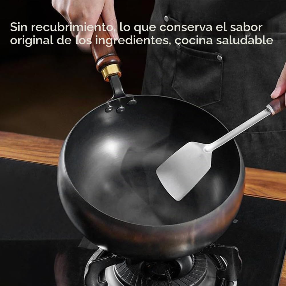 Japanese Iron Pan, 24/28cm Uncoated Iron Pans, Sartén de Hierro Antiadherente Forjada a Mano, sin Revestimiento, Sartén Grande con Tapa de Madera, para Cocinas (Tapa de madera, 24cm)