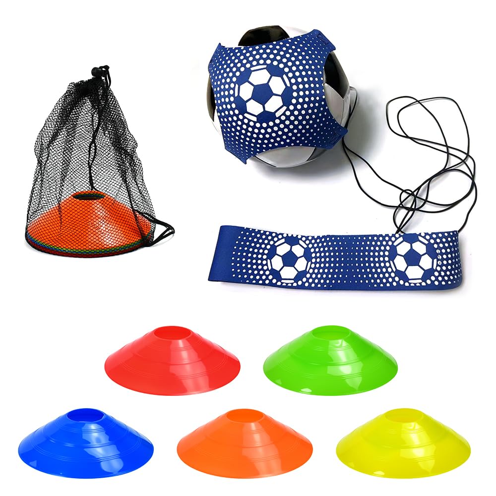 Cintura da Allenamento da Calcio con 10 Pz Coni da Allenamento,Set di Attrezzatura da Allenamenti da Calcio con Tasca a Rete per Bambini e Adulti, Pratica Efficace di Tiro e Passaggio