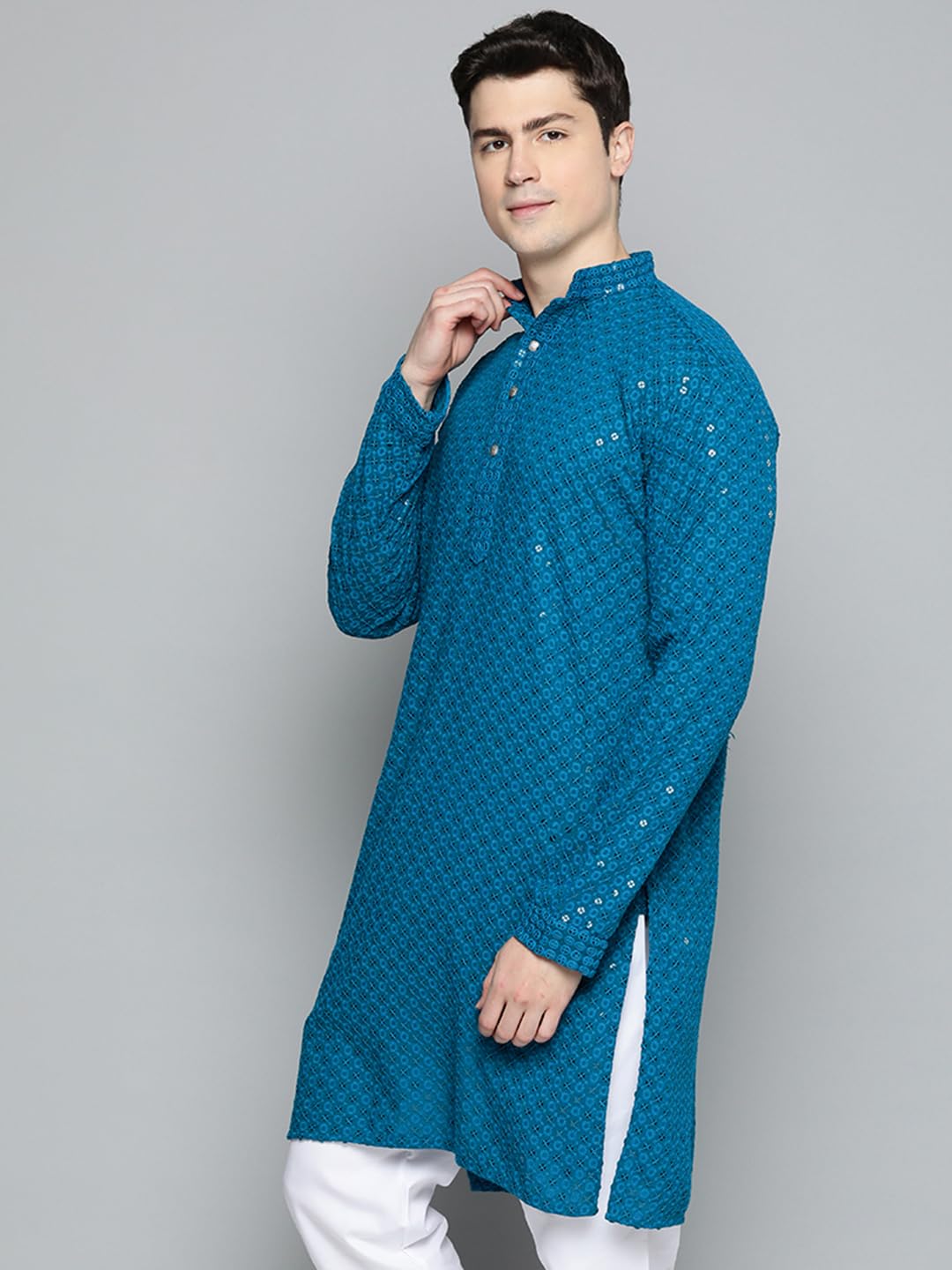Jompers Mens Peacock Chikankari Embroidered And Sequence Kurtas (Peacock, Xxl)