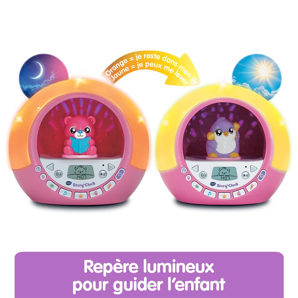 VTech - Story'Clock Rose Ma Conteuse-Réveil - Veilleuse Réveil Éducatif Jour/Nuit - Coach Sommeil Enfant - Boîte à Histoires, 3 Figurines et Projections - Cadeau Enfant Dès 3 Ans - Contenu en Français