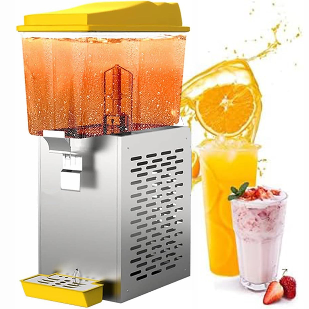 Commercial Juice Beverage Dispenser, 1-3 Tanks Juice Dispenser with Thermostat Control and Tap, Self-Service Cold Ice Tea Juice Machine, Cocktail Dispenser,16L-Yellow