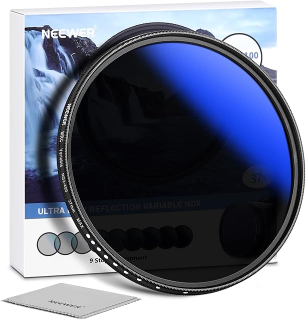 NEEWER 37mm MRC Variable ND Filter ND2-ND400, Neutral Density Adjustable ND Filter (0.3 to 2.7,1 to 9 Stops), Multi Layer Coated Optical Glass, Water Repellent & Scratch Resistant Ultra Slim Filter
