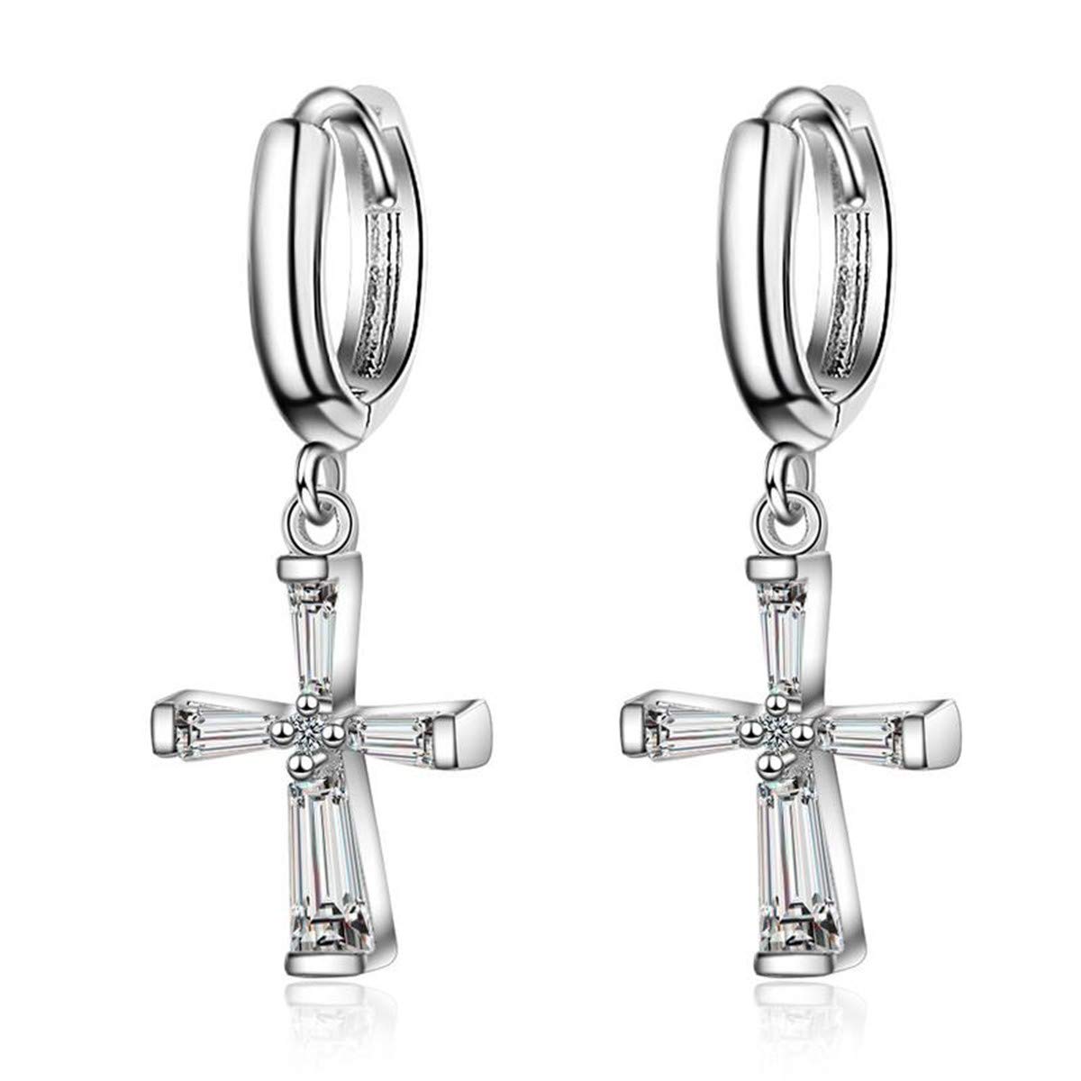 Wiftly Women's / Girls' Earrings 925 Silver with Zirconia Cross Pendant Long Hoop Creole Earrings Glitter Jewellery for Women/Daughter/Girlfriend Hypoallergenic