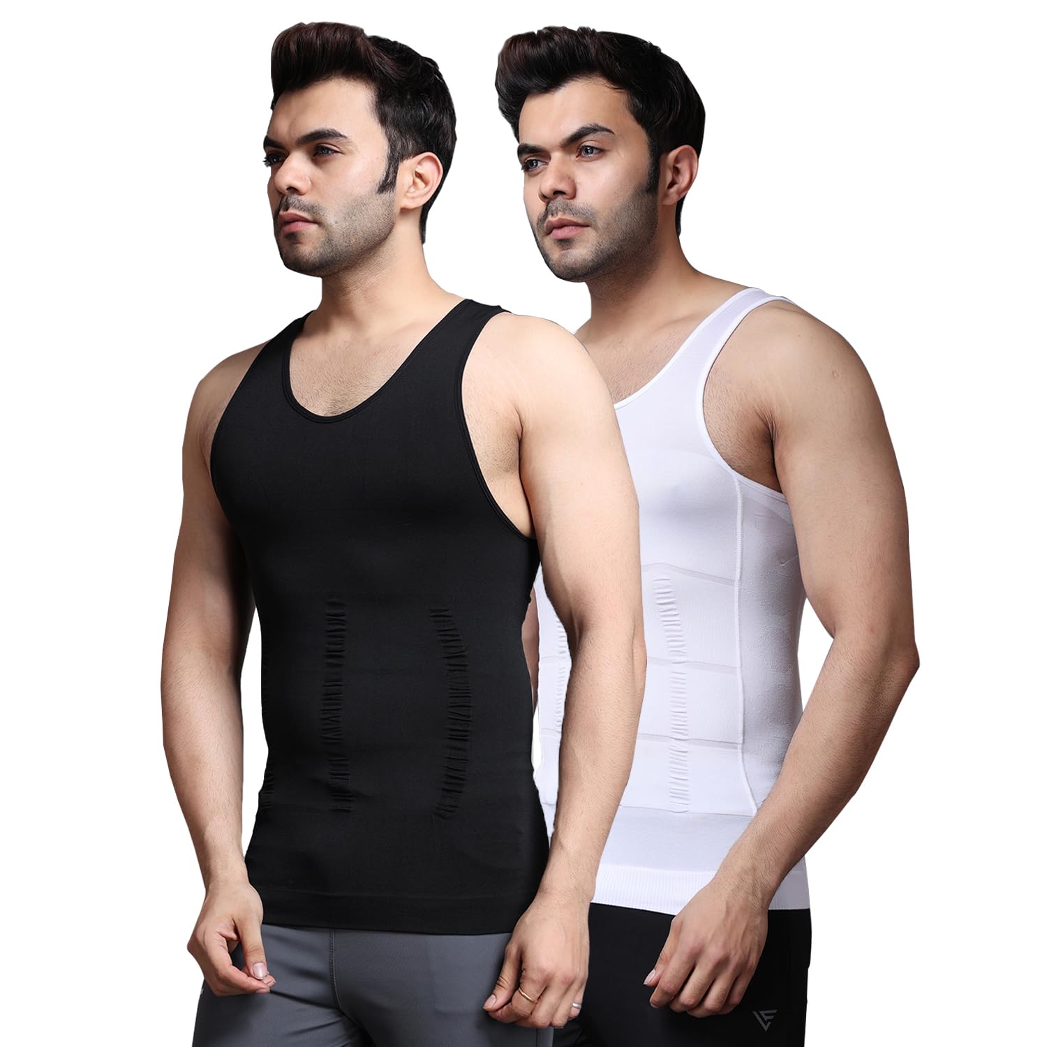 Slim Fit Tummy Tucker Vest for Men Gynecomastia Compression Shirts Belly Slimmer for Men Shapewear Stretchable Undershirt Vest – Pack of 2 – Black & White