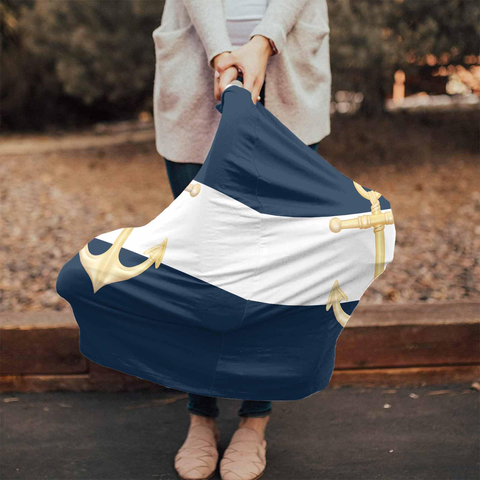 Nursing Cover for Breastfeeding Scarf, Gold Anchor Navy Blue White Navigation Baby Car Covers Super Soft Multi Use for Canopy Shopping Cart Cover Blanket Stroller Cover