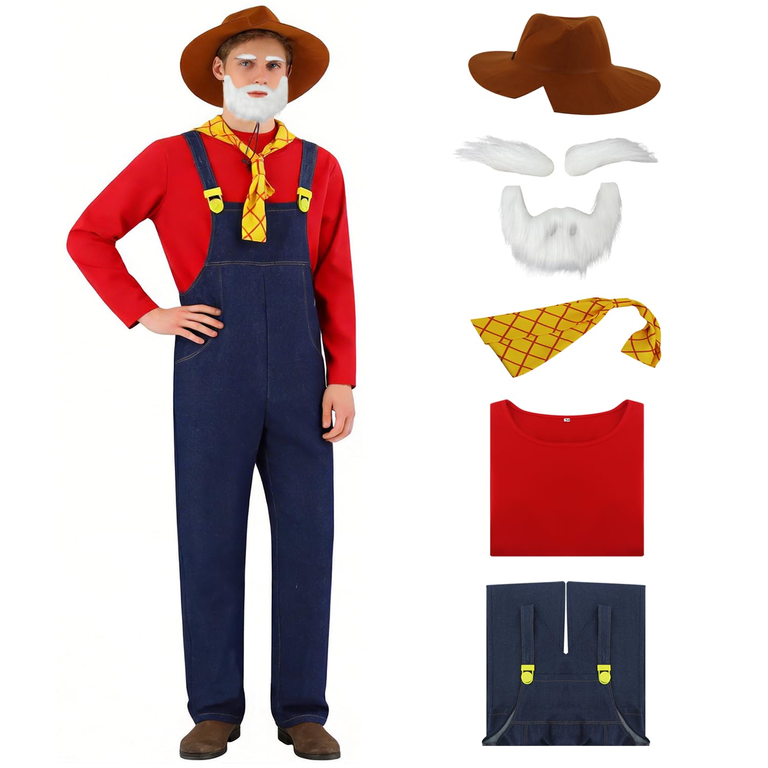 Gvnphal Stinky Pete Prospector Costume for Men Halloween Cosplay Long-sleeve Pullover Shirt Overalls with Hat Beard Bandana 3XL