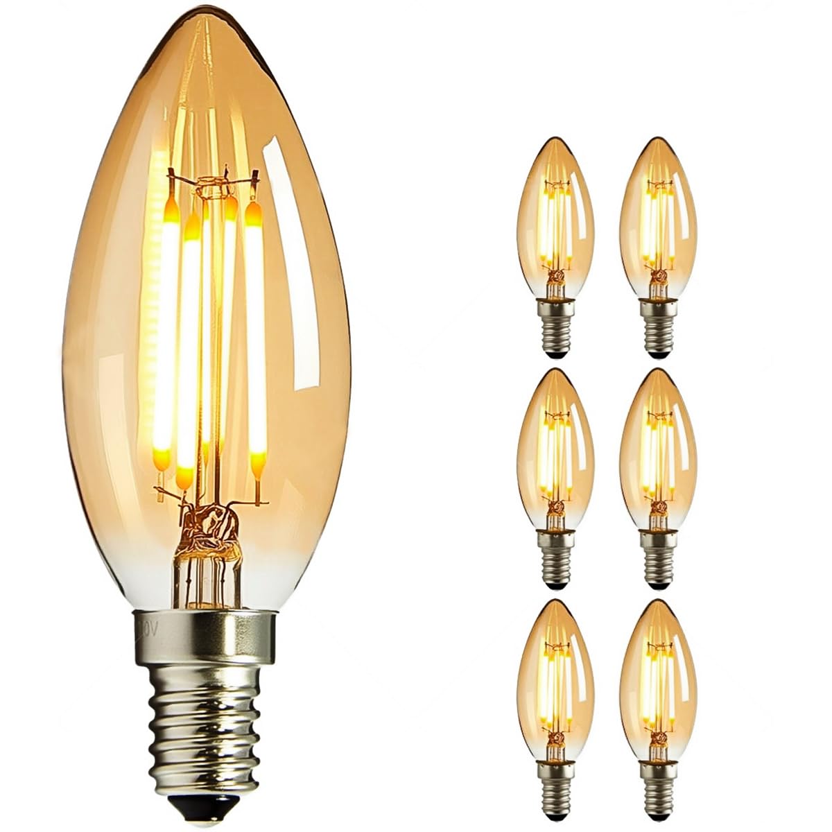 NUODIFAN LED Edison Glühbirne E14, 6x Vintage Kleine LED Kerze Birne Antike Lampe (Warmweiß 4W 2700K Amber Glas) Dekorative Retro Glühbirne Ideal für Kronleuchter Hänge Kristalllampe