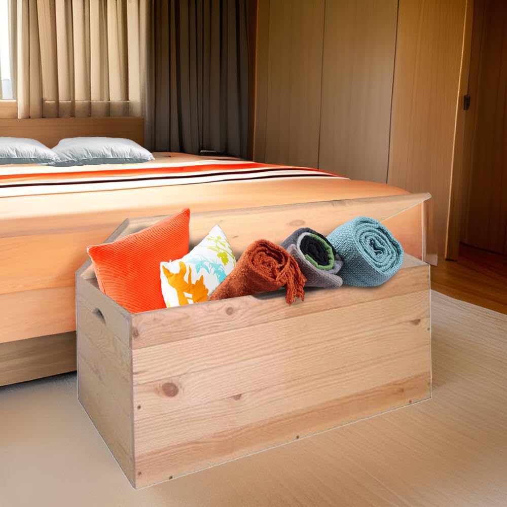 Cassapanca Baule in Legno Massello 100x40x50h cm con Coperchio - Contenitore Portaoggetti in Abete, Antipolvere, da Interno e da Esterno - Per Giardino con Maniglie