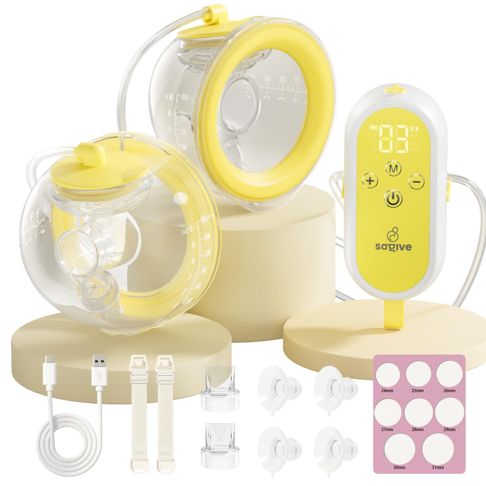 Saglve Tiralatte Elettrico Indossabile - 80g Tira Latte Neonati con 4 Modalità 12 Livelli 300mmHg, Portatile Ricaricabile 21/24mm Flangia Breast Pump Electric Portatile Casa, Ufficio, Viaggio