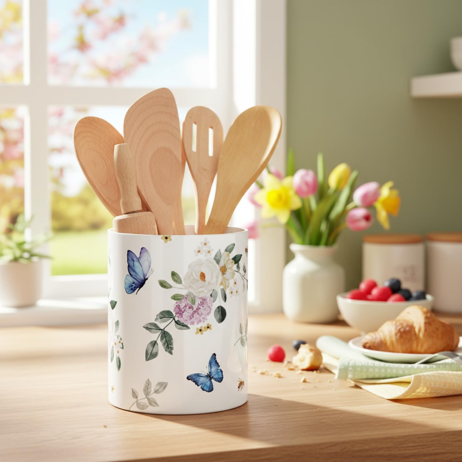 Photo 1 of (WILLBOND Butterfly Spring Kitchen Decor Acrylic Butterfly Kitchen Utensil Holder Crock Spoon Organizer for Countertop Table Decor Coffee Spoon Holder Jar for Cooking Tools