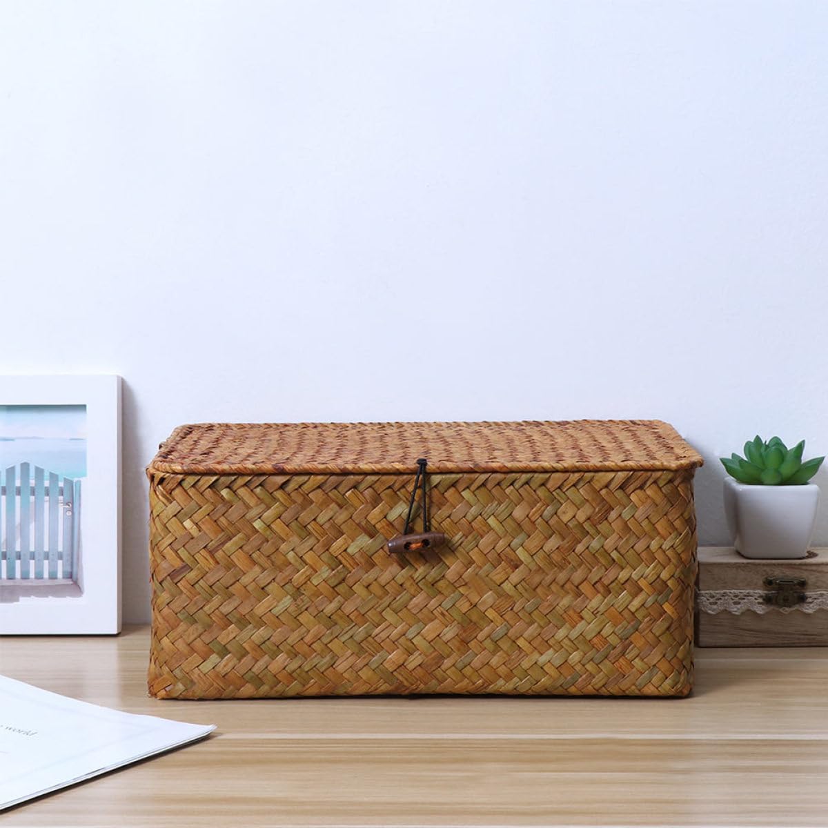 Ciieeo 2piezas Cajas De Almacenamiento De Natural Con Tapa De Cesto Organizador De Playa Para Juguetes y Ropa Mediano