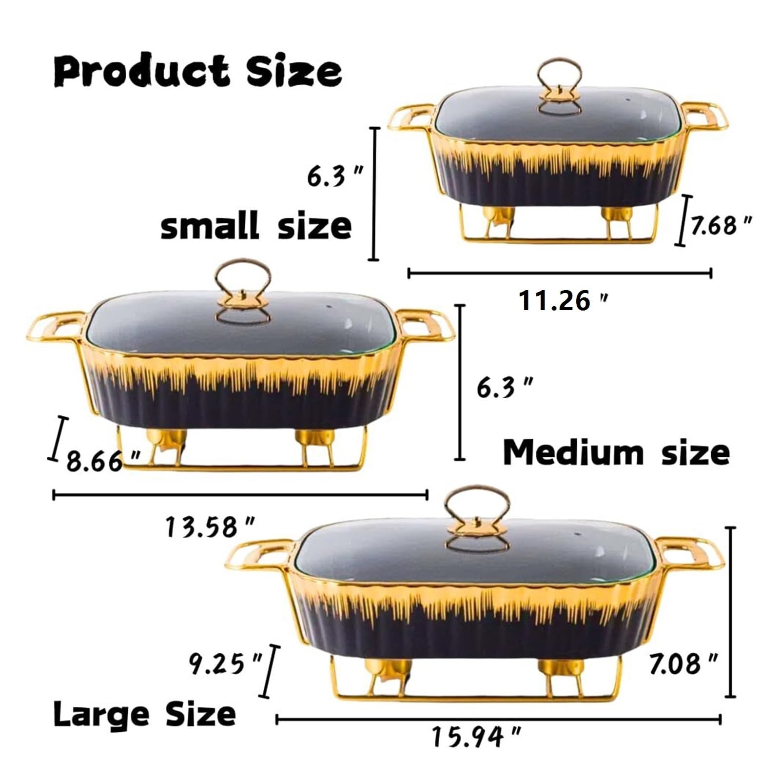 Scaldavivande in Ceramica Nera for Buffet | Piatto da portata riscaldato ad alcool con base in acciaio inossidabile dorato for buffet, feste(11 inch)
