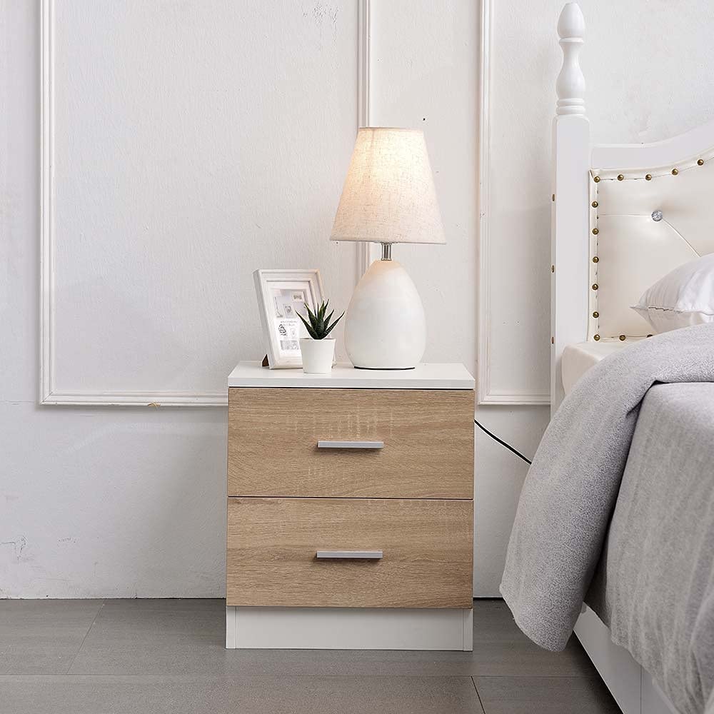 BAKAJI Mesita de Noche para Dormitorio, Armario con 2 cajones, asa de Metal, diseño Moderno, de Madera MDF, Mueble para el hogar, tamaño 44 x 40 x 38 cm, Color Blanco y Roble (2 cajones)