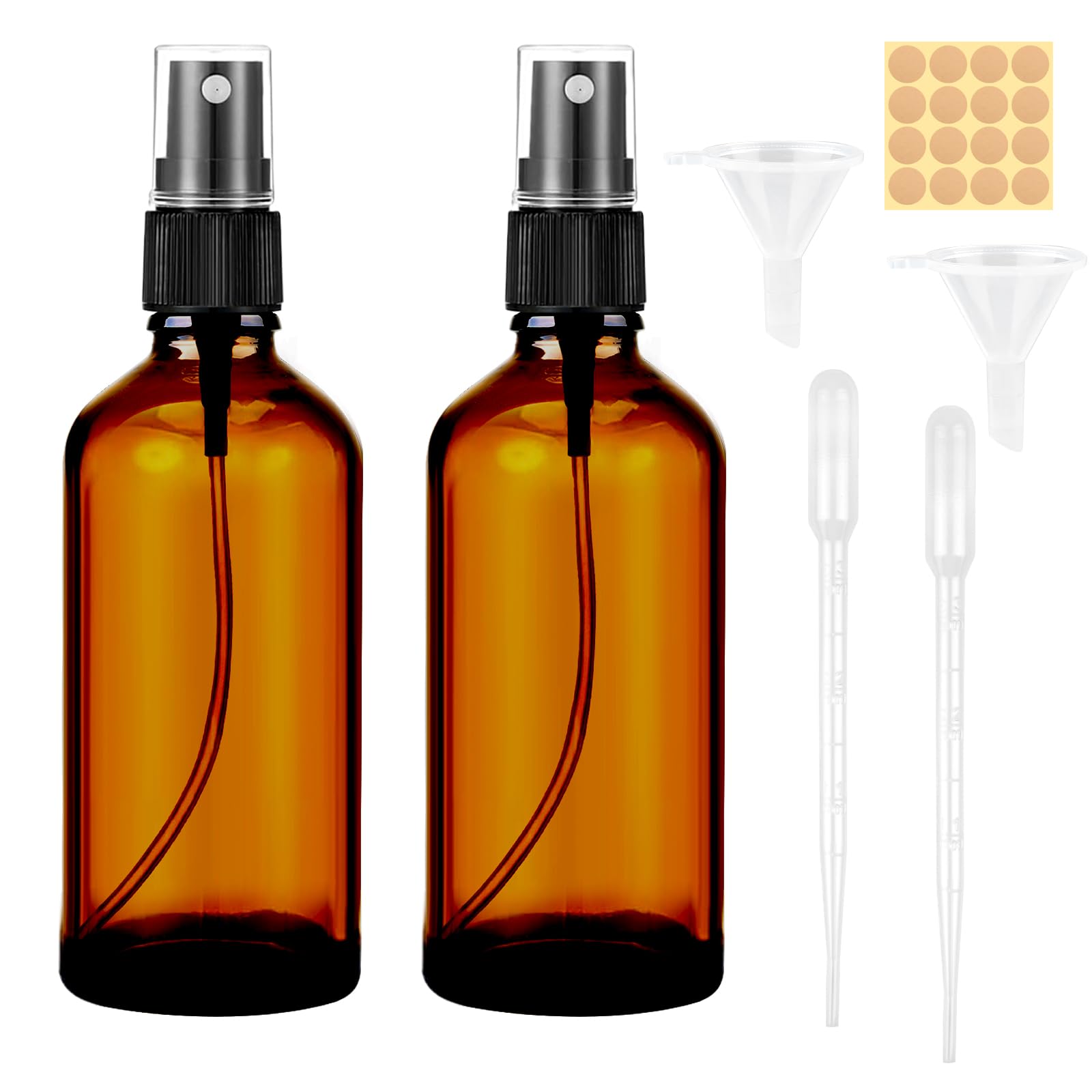 Maxmoc 100 ml, flacone spray in vetro marrone, 2 pezzi, piccolo vetro, nebulizzatore ricaricabile con imbuto, contagocce ed etichette per acqua, alcool, cosmetici, profumi, aromaterapia