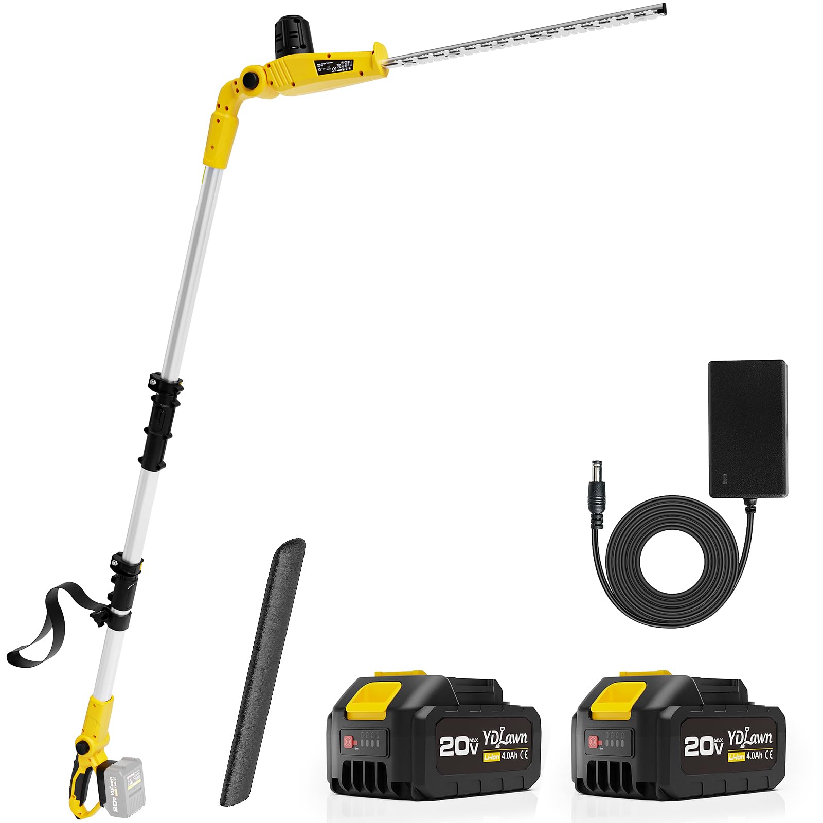 YDlawn 20V Cordless Pole Hedge Trimmer, 15-Feet Reach with 2X4.0Ah Batteries& Fast Charger, 5/8-Inch Cutting Capacity, Electric Bush Trimmer with Extension Pole for Shrubs Pruning, Yellow