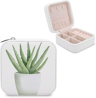 Aloe Vera Travel Jewelry Case, PU Leather Mini Organizer Box for Earring Necklace Rings