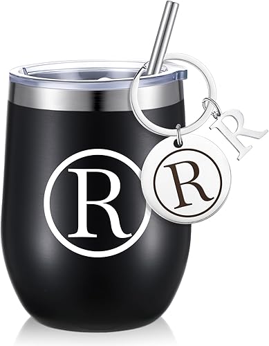 Miniatura 1 de Vaso de vino personalizado con llavero personalizado, taza inicial de viaje de acero inoxidable negro de 12 onzas con tapa y popote para regalos de