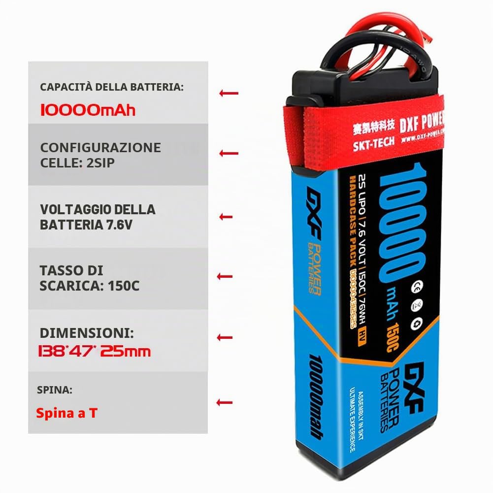 DXF 2s batteria lipo ad alte prestazioni - 2 confezioni lipo 2s 10000mAh Deans/T capacità, 150C di scarica per 1/8 & 1/10 Auto, Strada, Team associated, assiale e altro ancora - perfetta vestibilità e