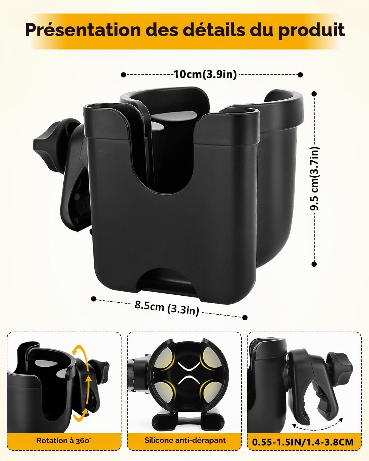 Porte-gobelet Universel pour Poussette avec étui de téléphone Portable, Support de Rangement 2 en 1, Rotation à 360 degrés, pour vélo, Poussette, Fauteuil Roulant, déambulateur, vélo, s'adapte à la