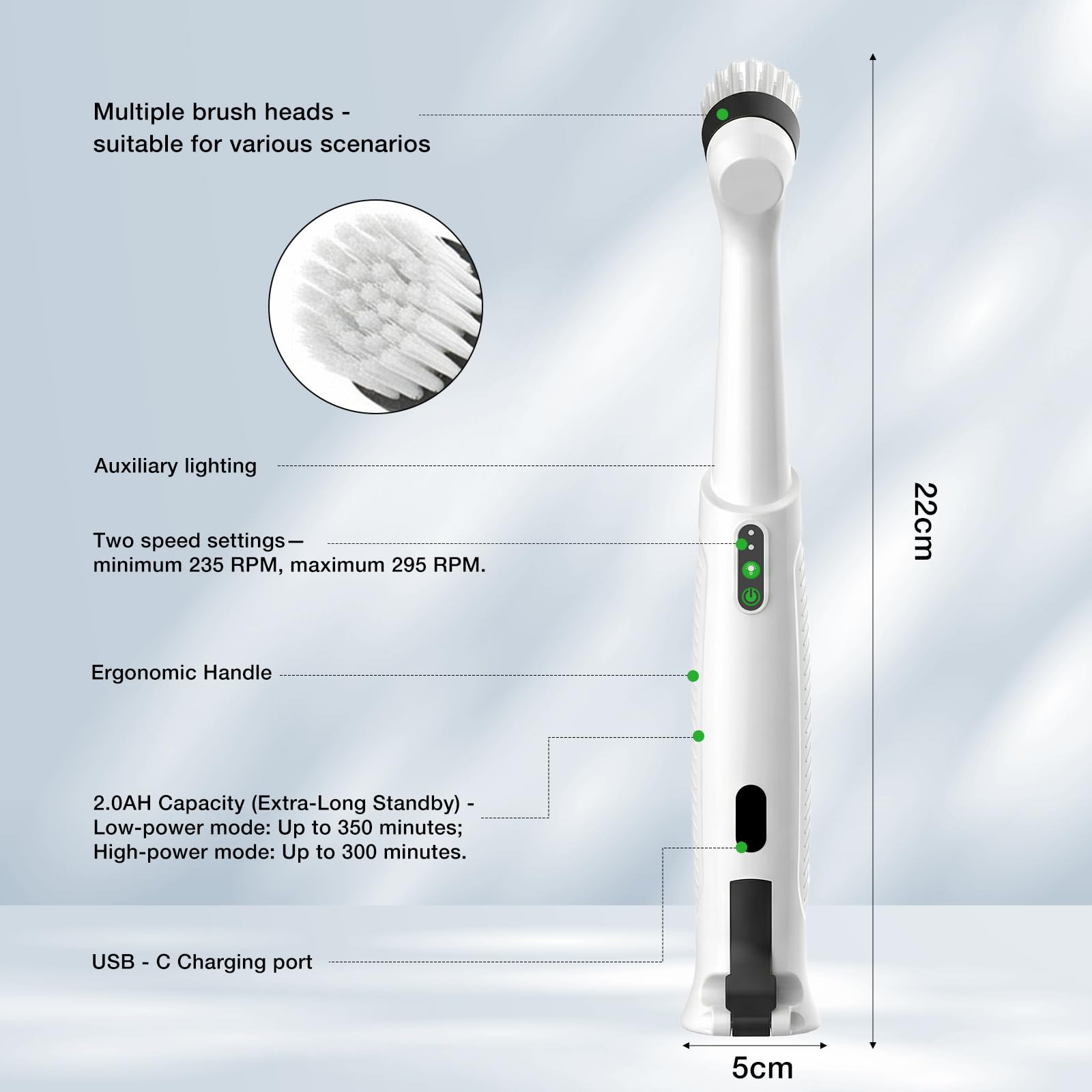 Limpiador giratorio eléctrico recargable resistente al agua, 5 potentes cabezales de cepillo de limpieza para varios escenarios, específicamente diseñado para líneas de lechada de azulejos