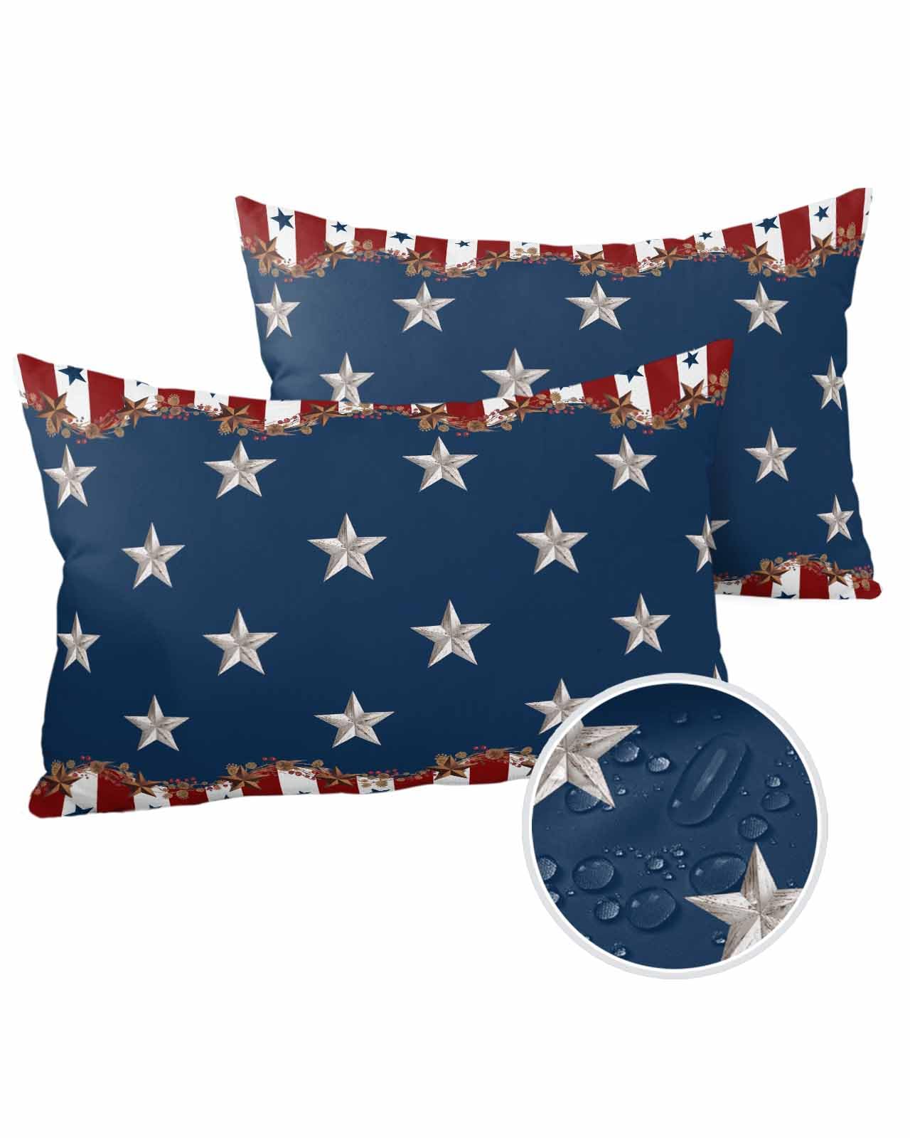 Boanket Lumbar Pillow Covers 12 x 20 In, Blue Red 4th of July Waterproof Throw Pillow Cover Set of 2, Independence Day Star Country Home Decorative Rectangle Cushion Covers for Patio/Tent/Couch/Garden