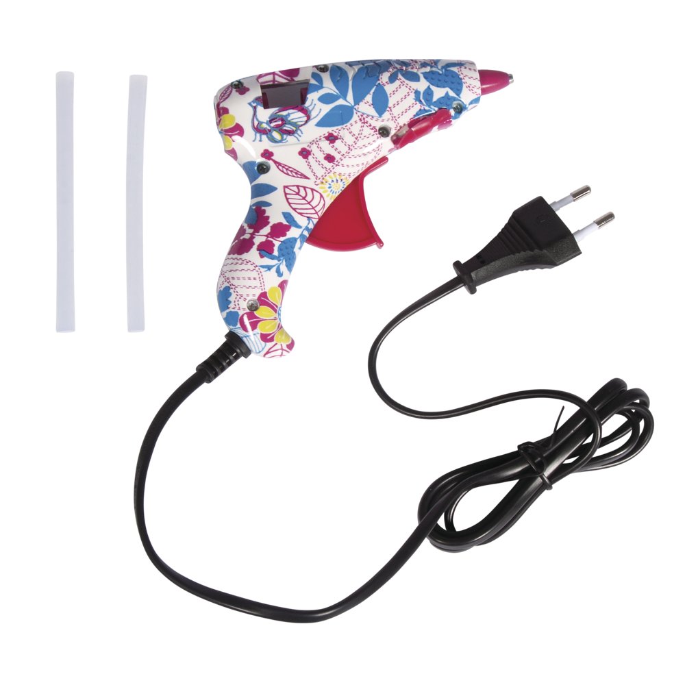 Rayher 30215000 Mini Hot Glue Gun, Small Hot Melt Glue Gun with 2 transparent Glue Sticks, 12cmx12cm, Flower-Design