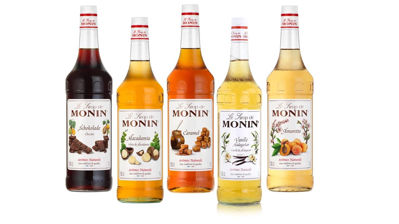 Monin Cafe Probierpaket 5 x 1 l für Kaffee Cocktails und Desserts Sirup - Set mit Vanille - Karamell - Schokolade - Macadamia - Amaretto