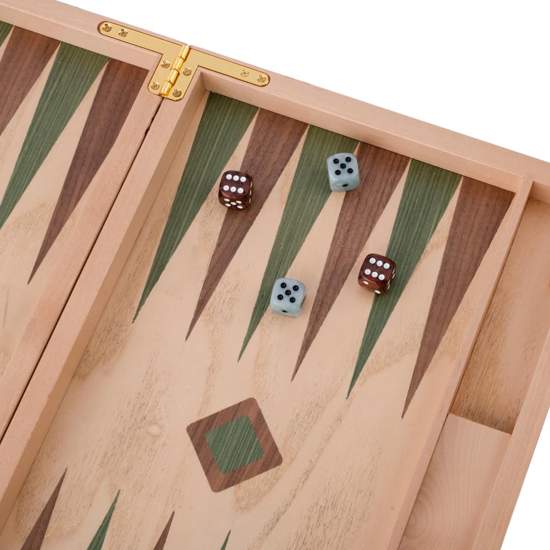 Engelhart-250550 – Backgammon Holz 15 Zoll (38 cm) Luxus Koffer Maserholz Walnuss-Inlay – Offen 48 × 38 cm – Grün/Braune Steine – Würfel & Becher – Klassisches Brettspiel