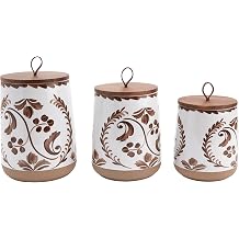 TTU Tabletops Gallery Ceramic Canister Collection- Stoneware Designed Kitchen Storage Acacia Wood White Set, 3 Piece Botanical Brown Canister Set