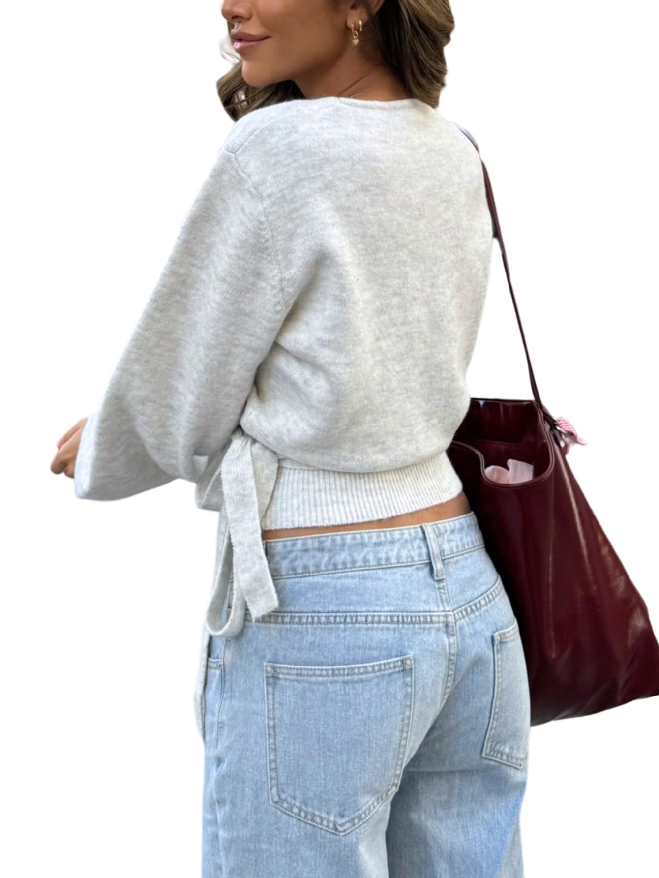 GORGLITTER Damen Pullover Elegant Wickelpullover mit Knoten Tiefer V Ausschitt Strickpullover Langarm Wintepullover Einfarbig Damenpullover