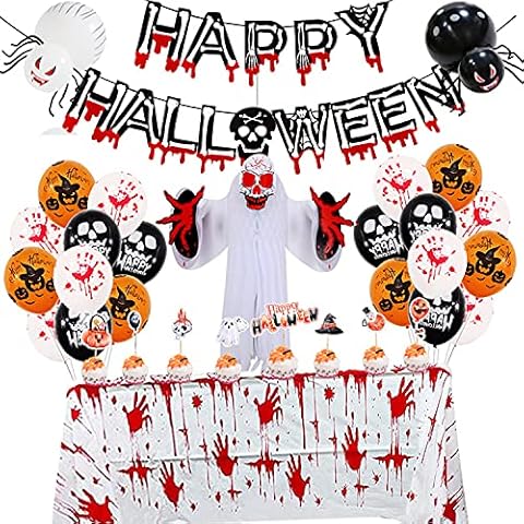 Halloween Decoration Set Included Balloon, Blood Handprint Tablecloth, Halloween Banner, Spiderweb, Scary Halloween Party Decorations Indoor Outdoor Garden Home Supplies Cover