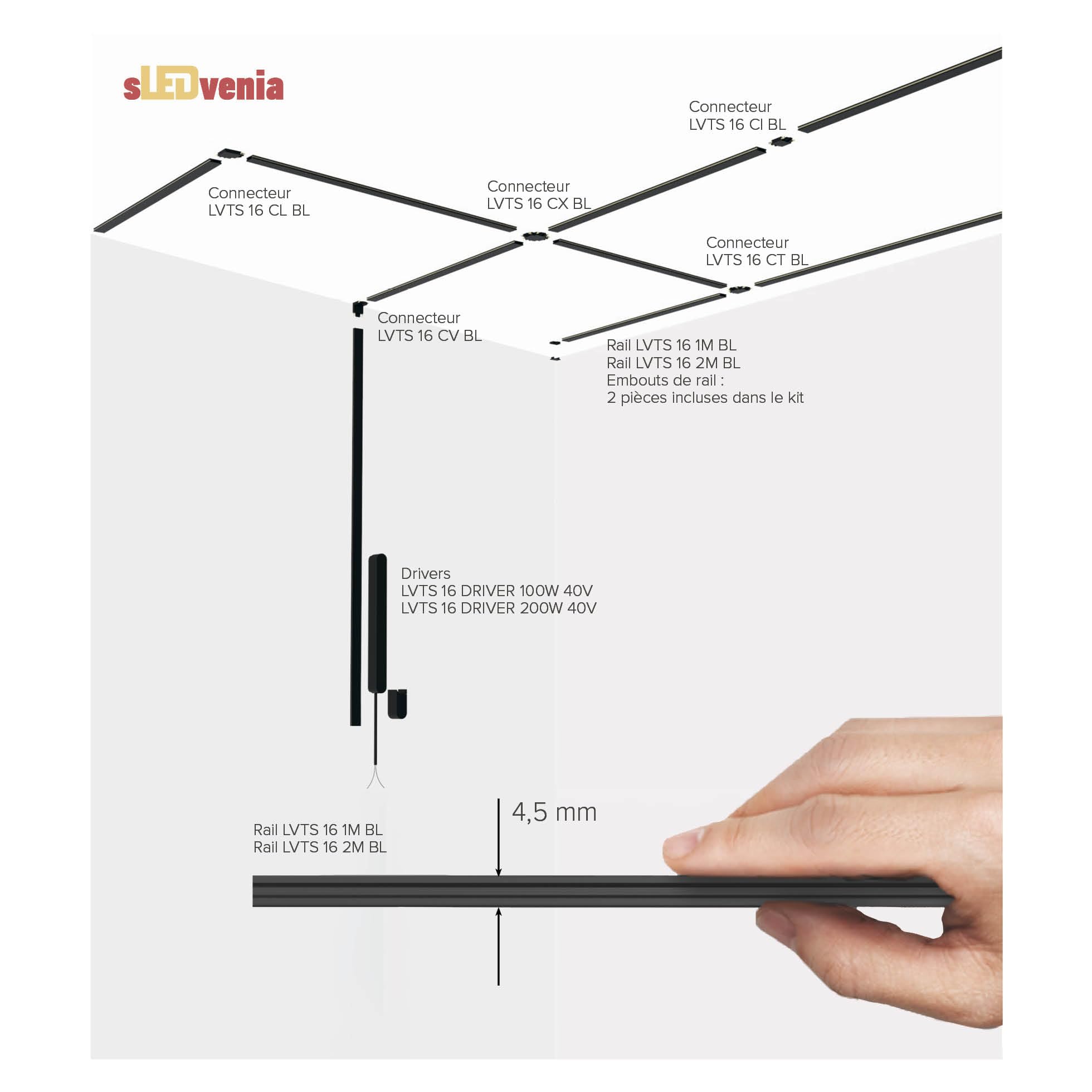 Kit d'éclairage sur rail 40V, Série Essential : 2m, 100W, 2 spots de 6W / 3000K, noir